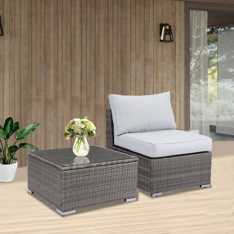 Ebern Designs Small Armless Rattan Sofa Set 2piece Light Grey Couch